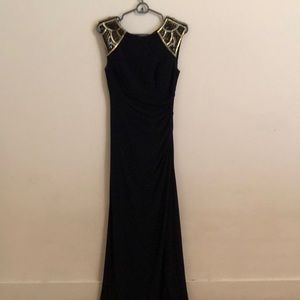 Beautiful long navy gown with gold embellishments